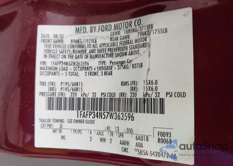 2007 Ford Focus S/Se/Ses from USA, damaged, VIN 1FAFP34N57W363596